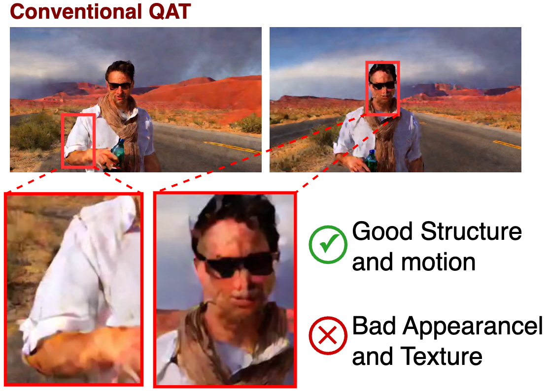 Conventional QAT results with preserved structure but degraded appearance and texture