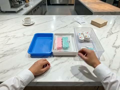 Edited first-person observation of a blue tray and a transparent tableware organizer